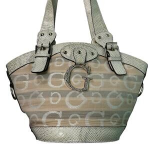 Guess Bucket Shoulder Bag Y2K Chunky Buckles Bling Faux Snakeskin White